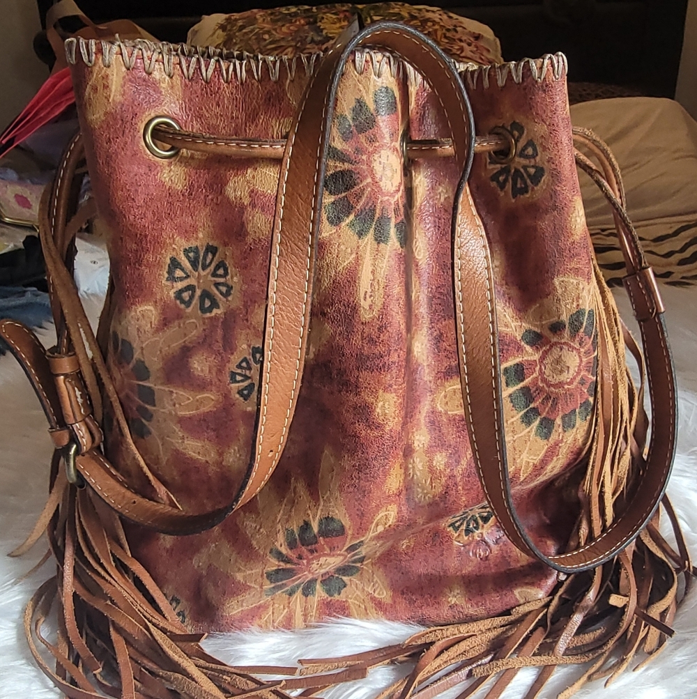 Patricia Nash Bohemian 60's Revival Fringe Drawstring Bucket Bag